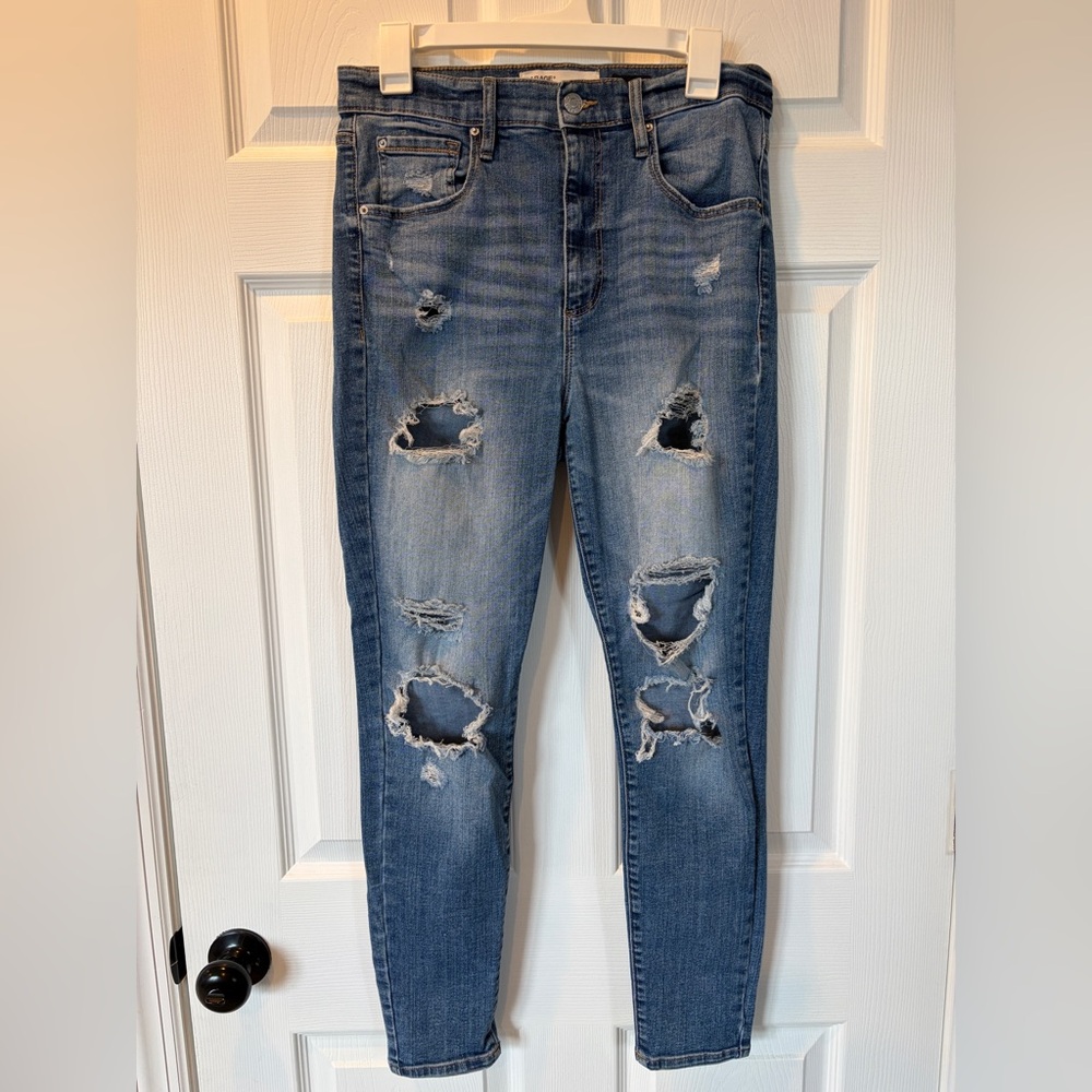 Garage Medium-Wash Ultra High Rise Distressed Skinny Jeans (Size 11)
